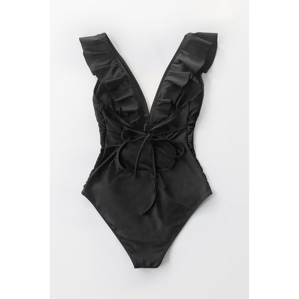 Cupshe Ruffle One Piece Swimsuit Lace Up Back V Neck Bathing Suit black size L - Picture 5 of 6